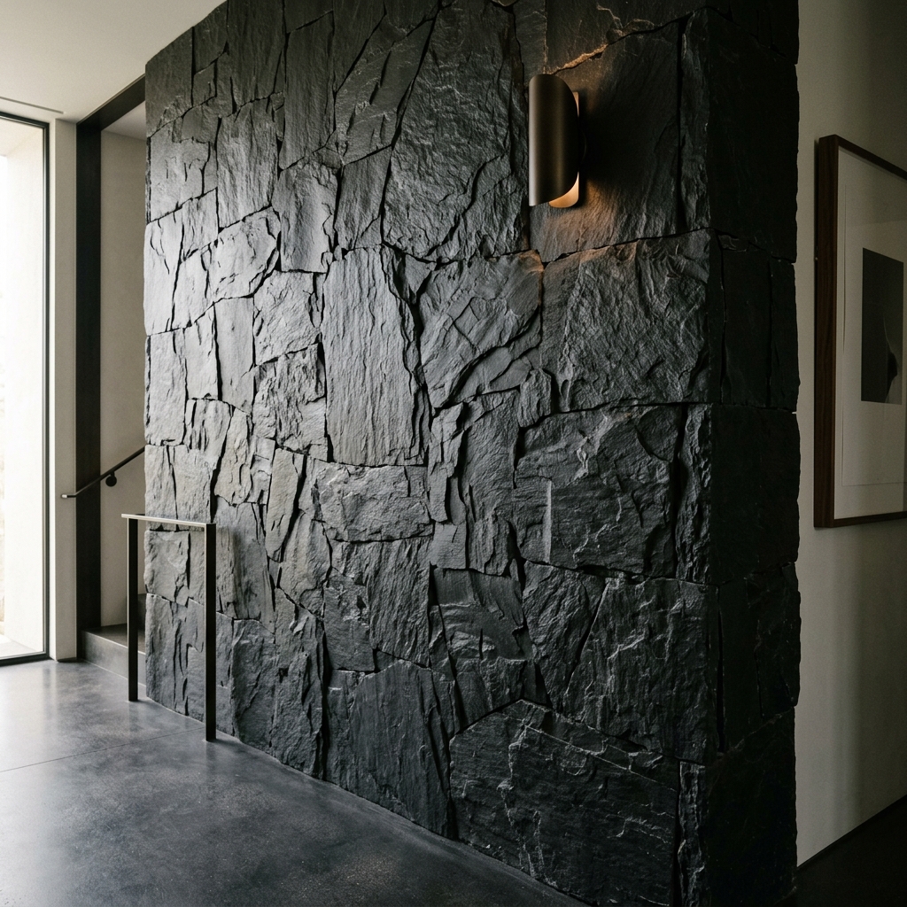 Dark textured architectural wall with strong stone surface and soft shadows