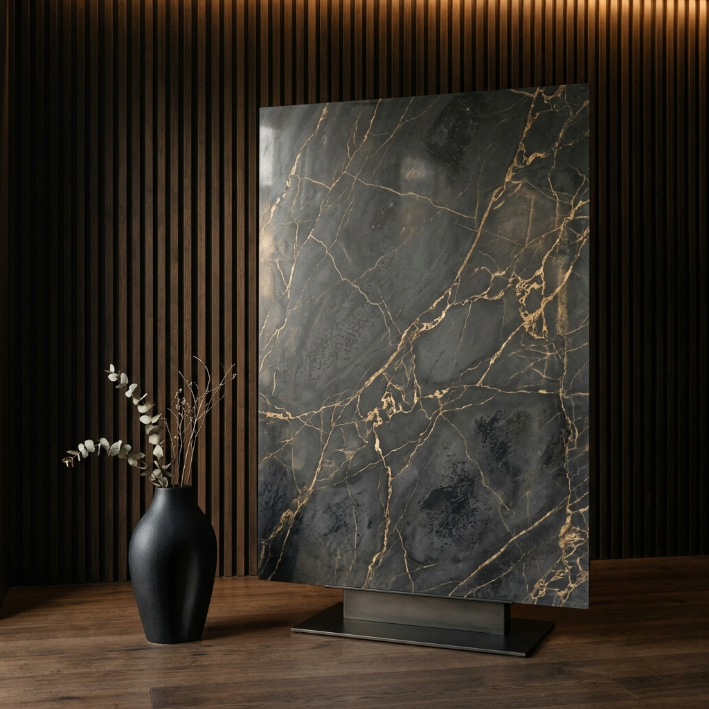 Large luxury charcoal marble slab with gold veining next to a black vase and vertical wooden slats